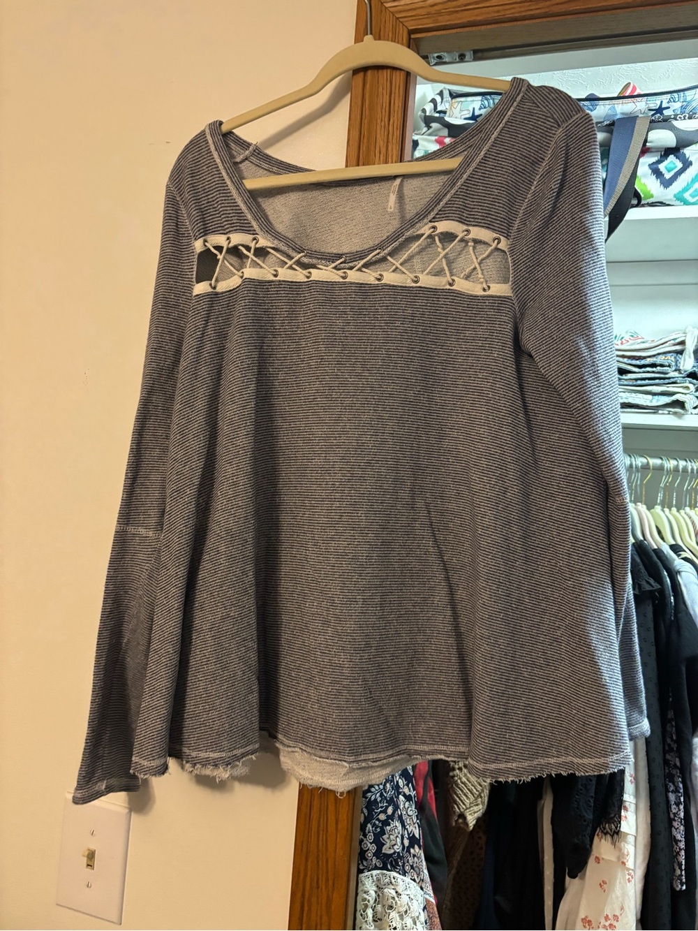 Free People Light Blue Striped V-Neck Lace-Up Top